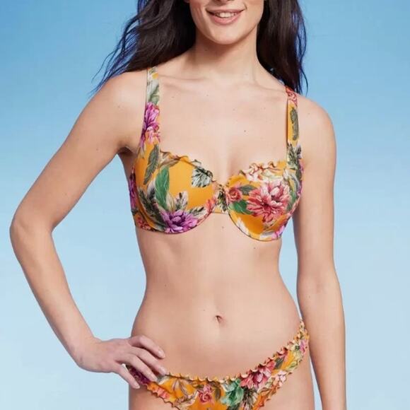 SHADE & SHORE Lightly Lined Ruffle Floral Bikini 2-Piece Set Multi Size XL/38D - Picture 1 of 11
